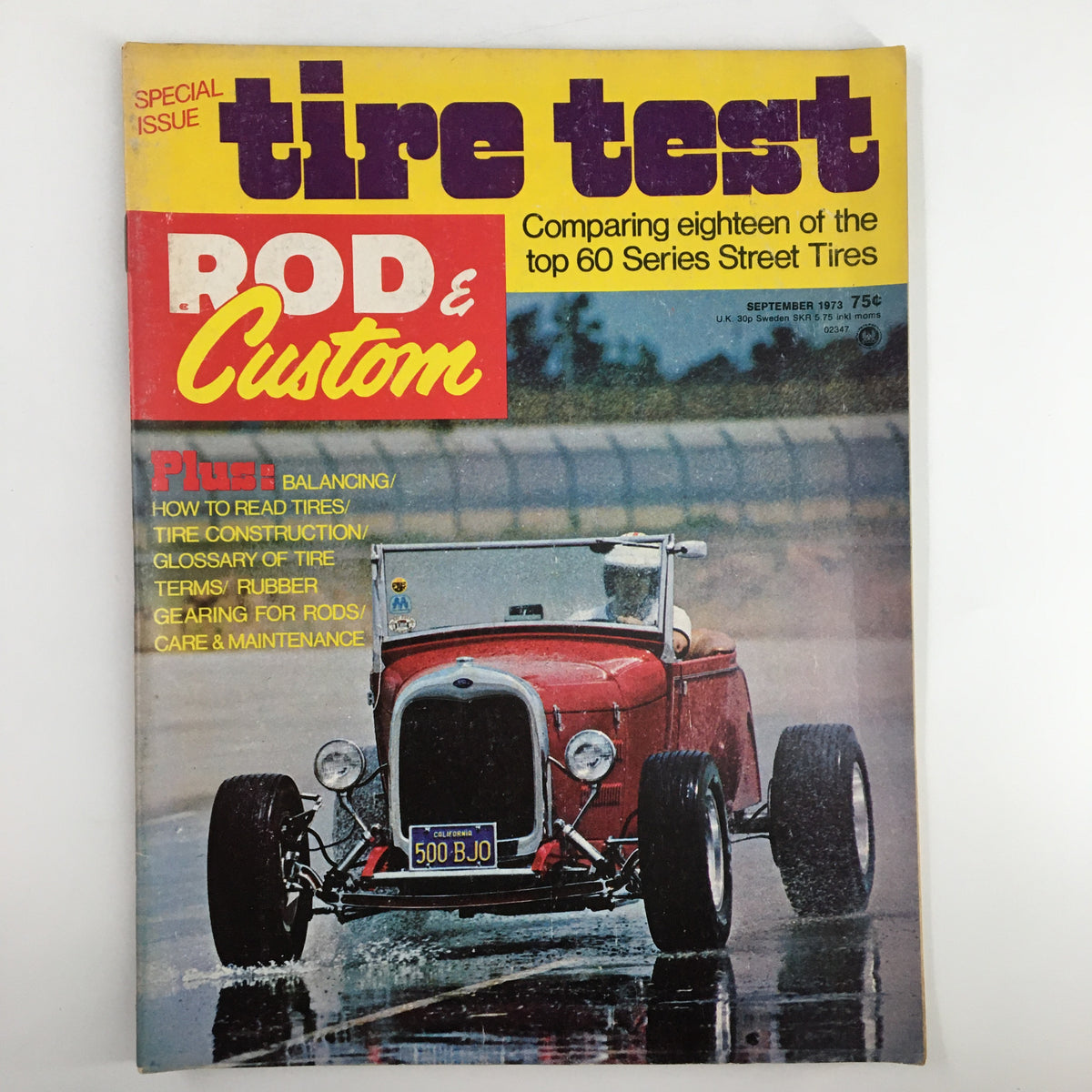 VTG Rod & Custom Magazine September 1973 cover showcasing an article on tire test comparing top 60 Series Street Tires, featuring a red car driving through water.