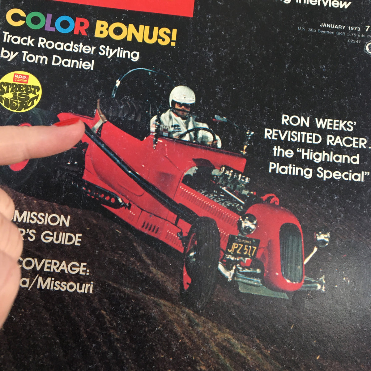 Close-up of the VTG Rod & Custom Magazine January 1973 cover, emphasizing the striking red track roadster and additional features including 'Color Bonus!' and 'Ron Weeks' Revisited Racer'.