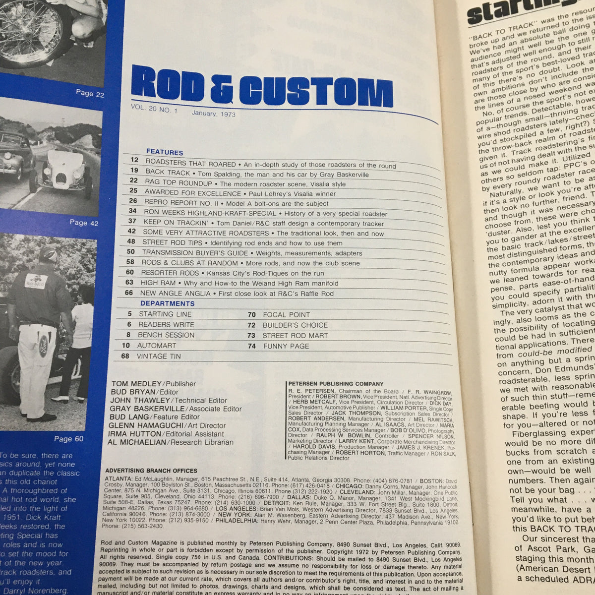 Interior page from the VTG Rod & Custom Magazine January 1973 displaying the table of contents. Highlights include various articles on roadsters, hot rods, and technical features, reflecting the magazine's rich automotive heritage.