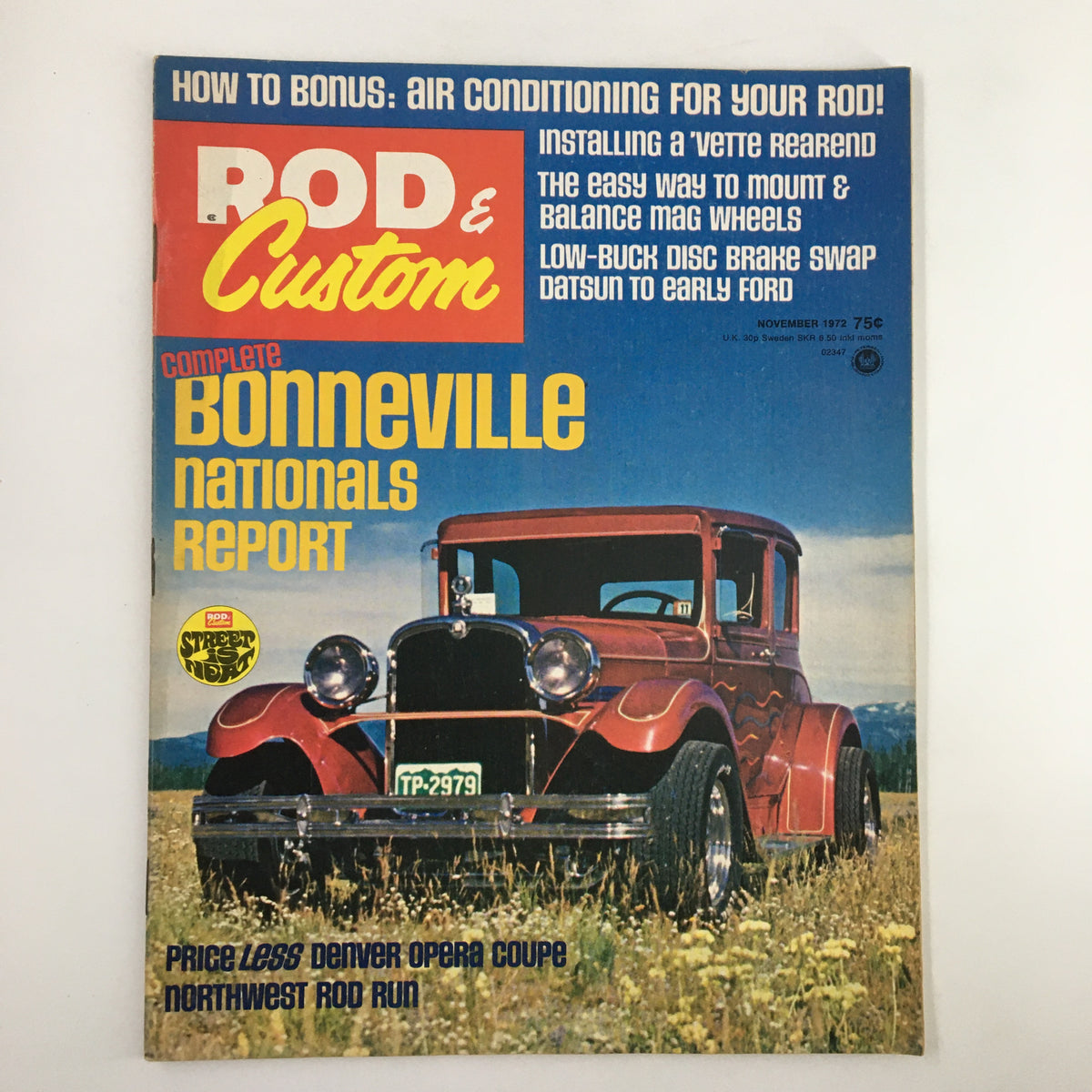 Cover of VTG Rod & Custom Magazine November 1972 featuring a classic red car and headlines about automotive tips and Bonneville Nationals report.
