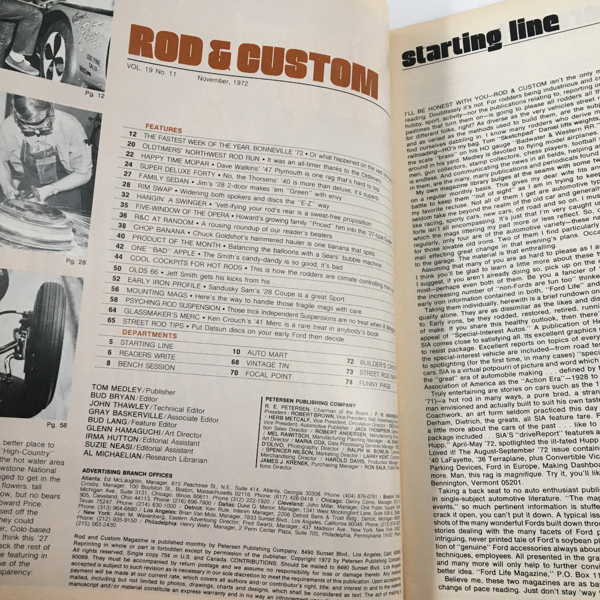 Inside pages of VTG Rod & Custom Magazine November 1972 showing the table of contents and features on classic cars and automotive culture.