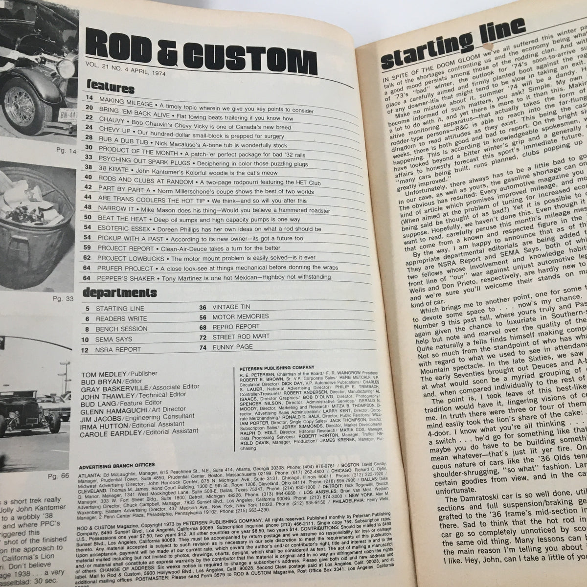 Interior pages of Rod & Custom Magazine, April 1974 edition, showcasing the table of contents and featured articles on classic car modifications and automotive culture.
