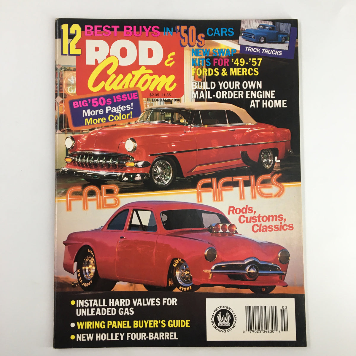 Rod & Custom Magazine February 1990 cover featuring a vibrant design with classic cars and highlighted text including 'FAB FIFTIES' and 'Wiring Panel Buyer's Guide'. A perfect collectible for automotive enthusiasts.