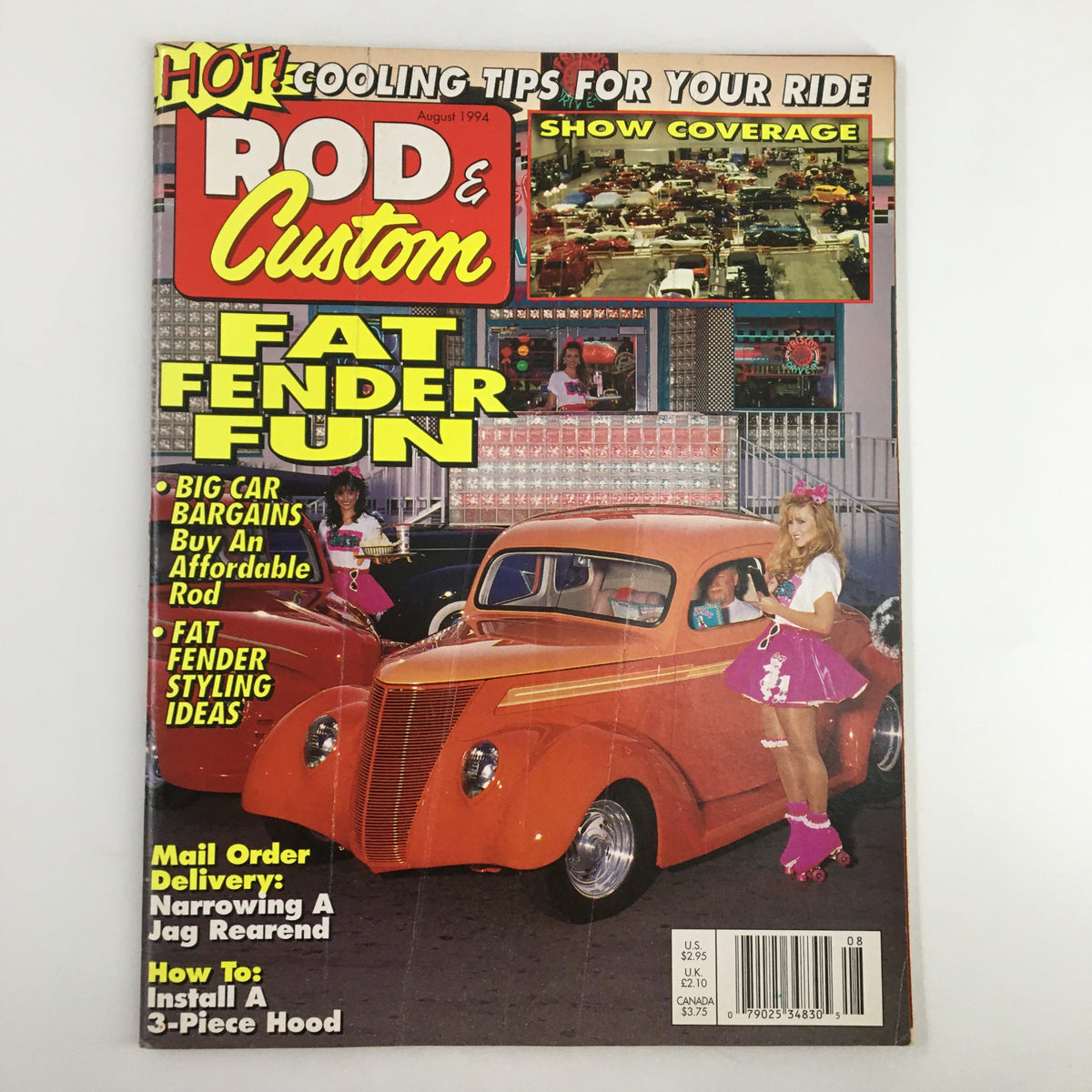 Cover of Rod & Custom Magazine August 1994 featuring 'Fat Fender Fun' theme, showcasing classic cars, including an orange car and models dressed in vintage outfits.