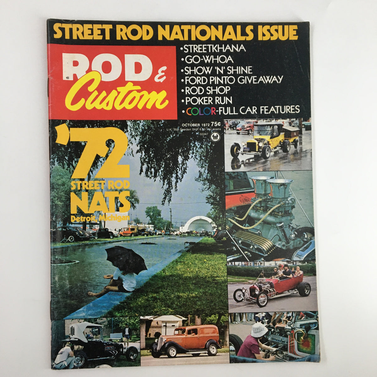 Cover of VTG Rod & Custom Magazine October 1972 featuring '72 Street Rod Nationals Issue with colorful car photography and event highlights.