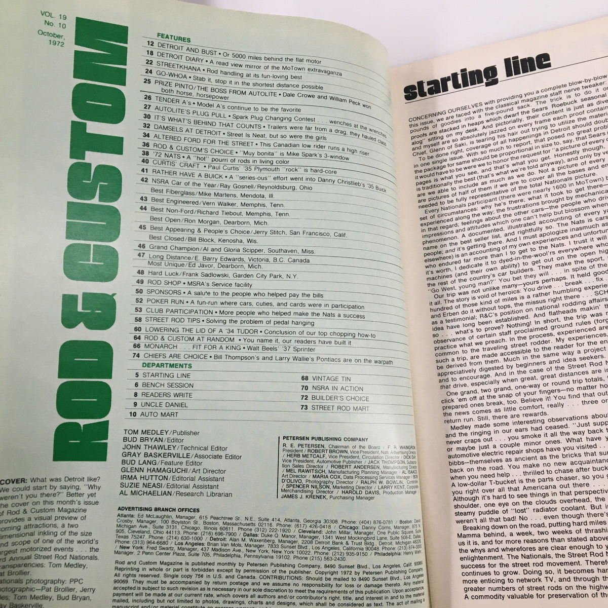 Interior page of VTG Rod & Custom Magazine October 1972 showing features and articles including 'The Boss From Autolite' and event details.