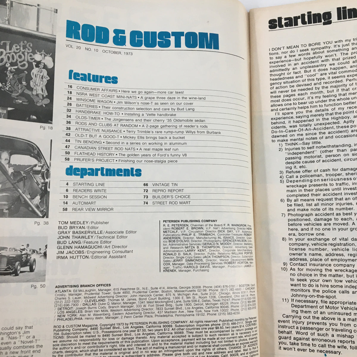 Inside page of VTG Rod & Custom Magazine October 1973 displaying articles and features, including details on automotive trends and customization during the 1970s.