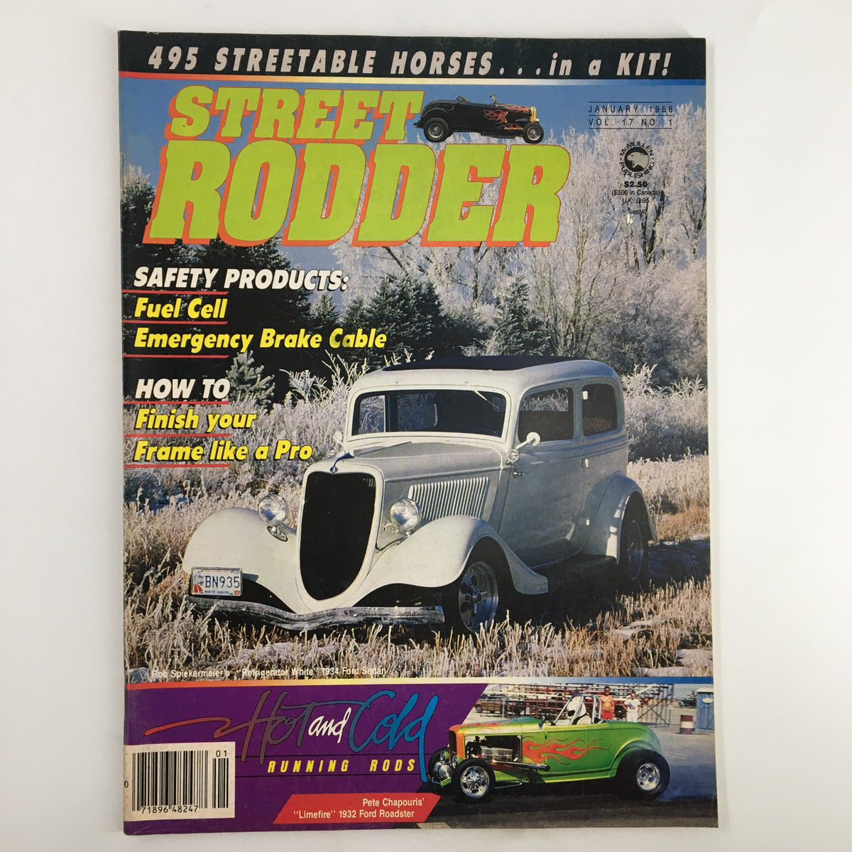 Cover of VTG Street Rodder Magazine January 1988 featuring a classic car, showcasing automotive articles on street rodding, safety products, and chassis engineering.