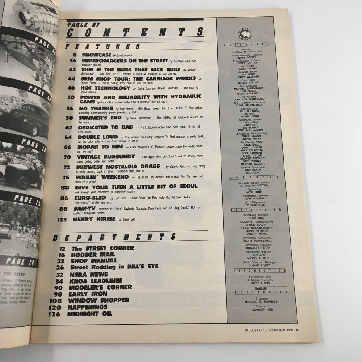 Table of contents from VTG Street Rodder Magazine February 1988, detailing articles on automotive culture and events including the Midwest Nostalgia Drags.