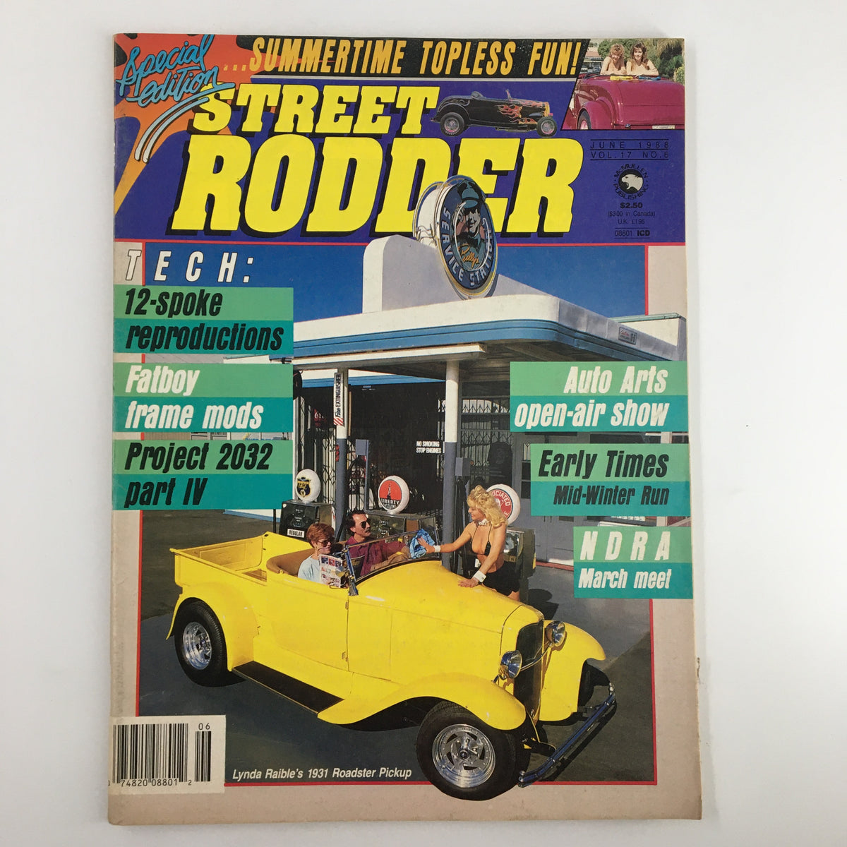 Cover of the VTG Street Rodder Magazine June 1988 featuring Lynda Raible's '31 Roadster Pickup. The magazine highlights automotive culture with vibrant graphics, showcasing the iconic yellow roadster along with event listings and technical features related to vintage cars.