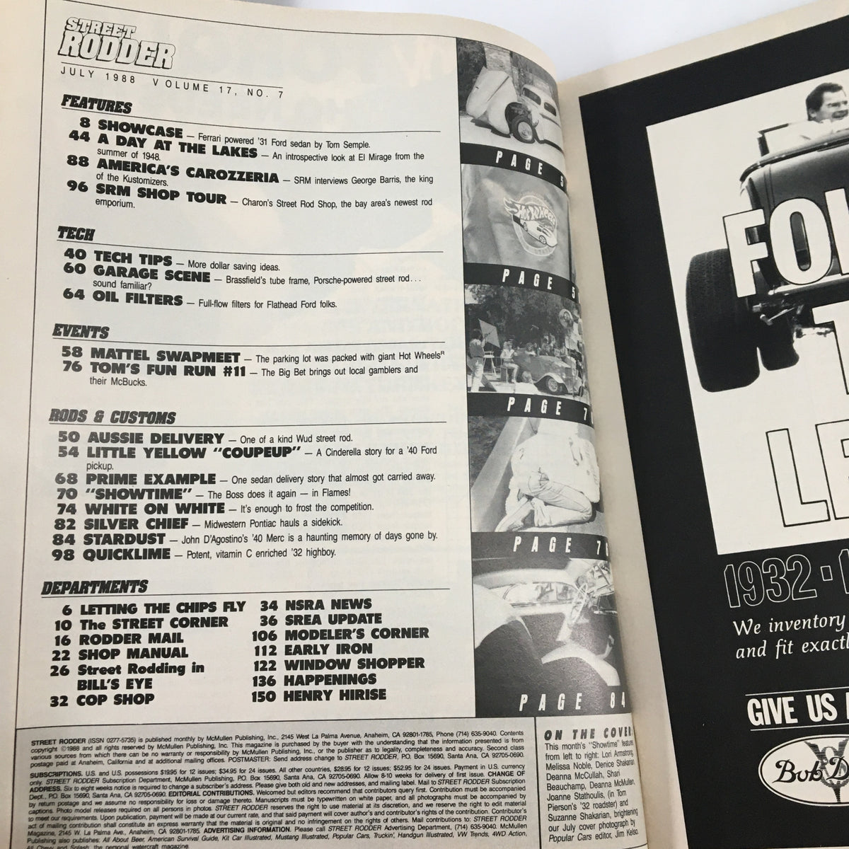 Inside page of VTG Street Rodder Magazine July 1988 displaying features and contents, including segments on the Little Yellow Coupe.
