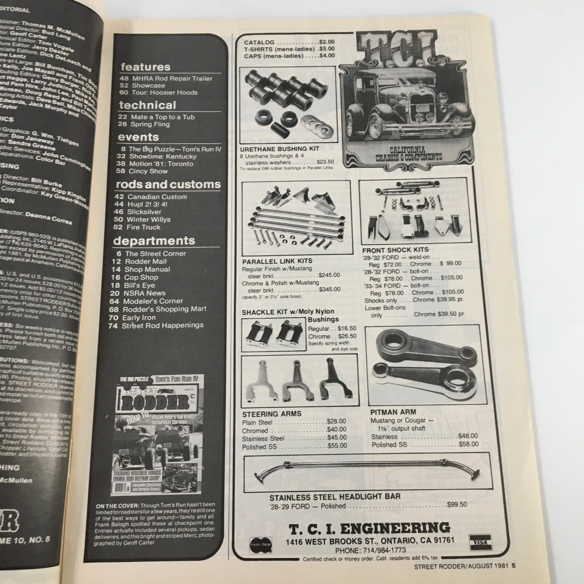 Interior page of VTG Street Rodder Magazine August 1981, showcasing features, technical sections, and product listings related to street rodding.