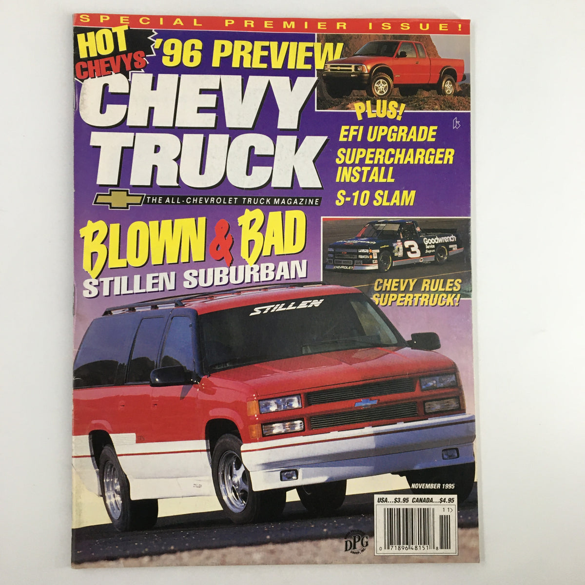 Chevy Truck Magazine November 1995 featuring the Blown and Bad Stillen Suburban on the cover with vibrant colors and automotive details.