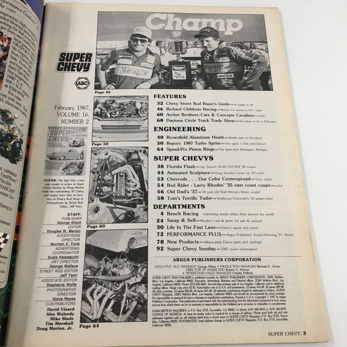 Interior view of the February 1987 issue of Super Chevy Magazine featuring the table of contents and articles including Larry Rhodes' 35 East Coast Coupe, showcasing automotive engineering, features, and Super Chevys.