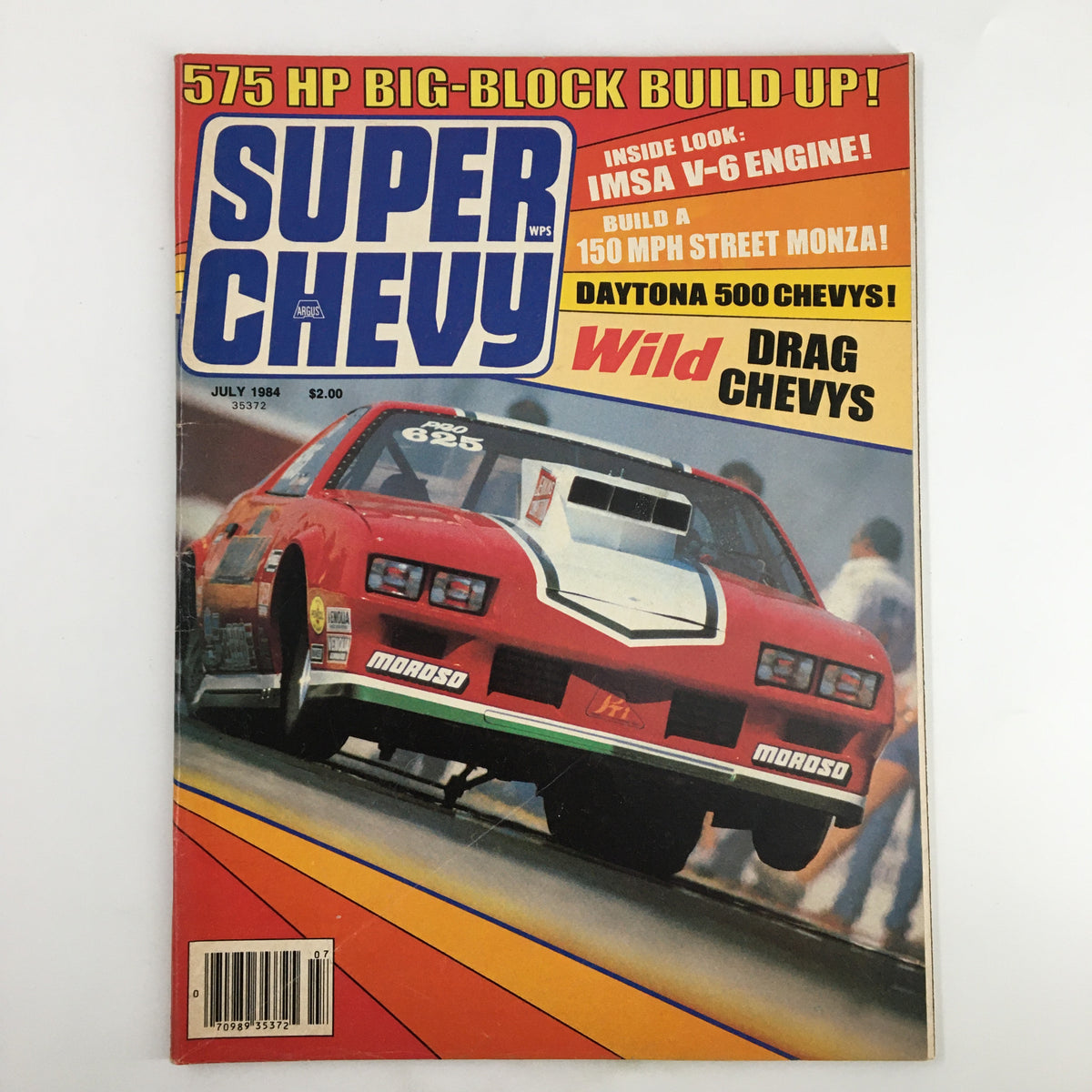 VTG Super Chevy Magazine July 1984 cover featuring Bill Jenkins Pro Stock Camaro, showcasing vibrant graphics and key highlights on drag racing and car performance.