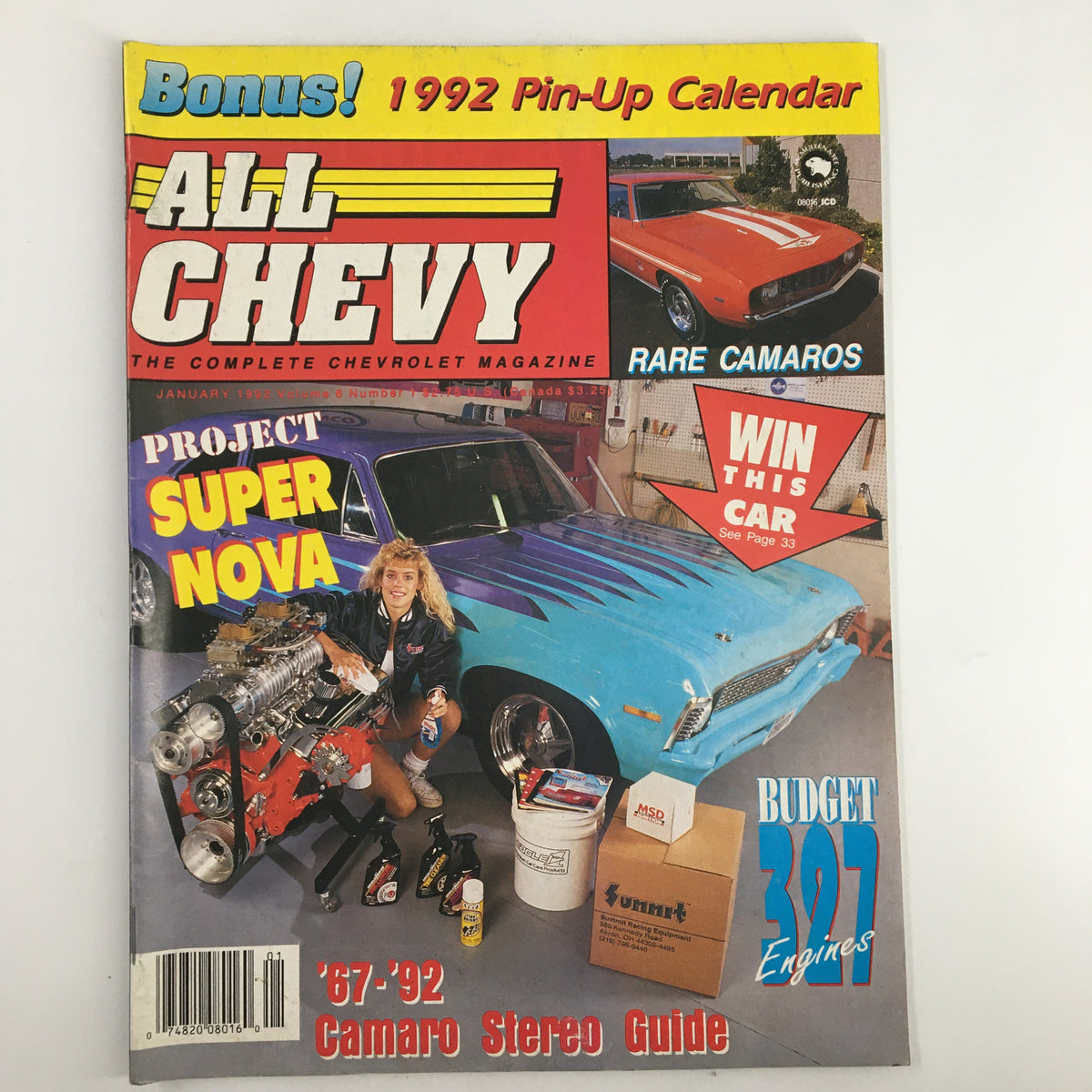 Cover of All Chevy Magazine January 1992 featuring Project Super Nova Camaro Stereo Guide, showcasing a blue Camaro and a detailed engine setup.