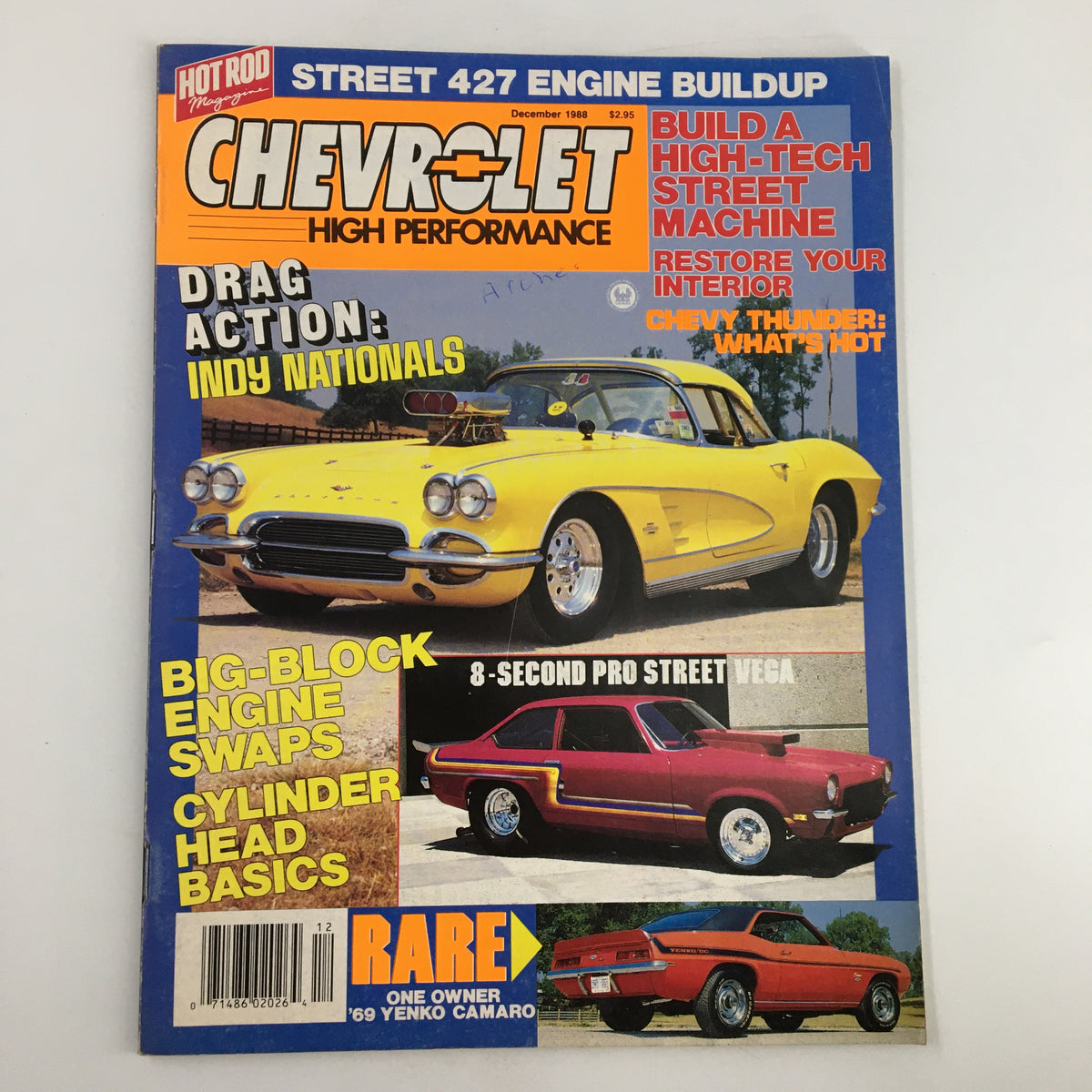 Cover of VTG Hot Rod Magazine December 1988 featuring a yellow Corvette, highlighting an issue on building a high-tech street machine.