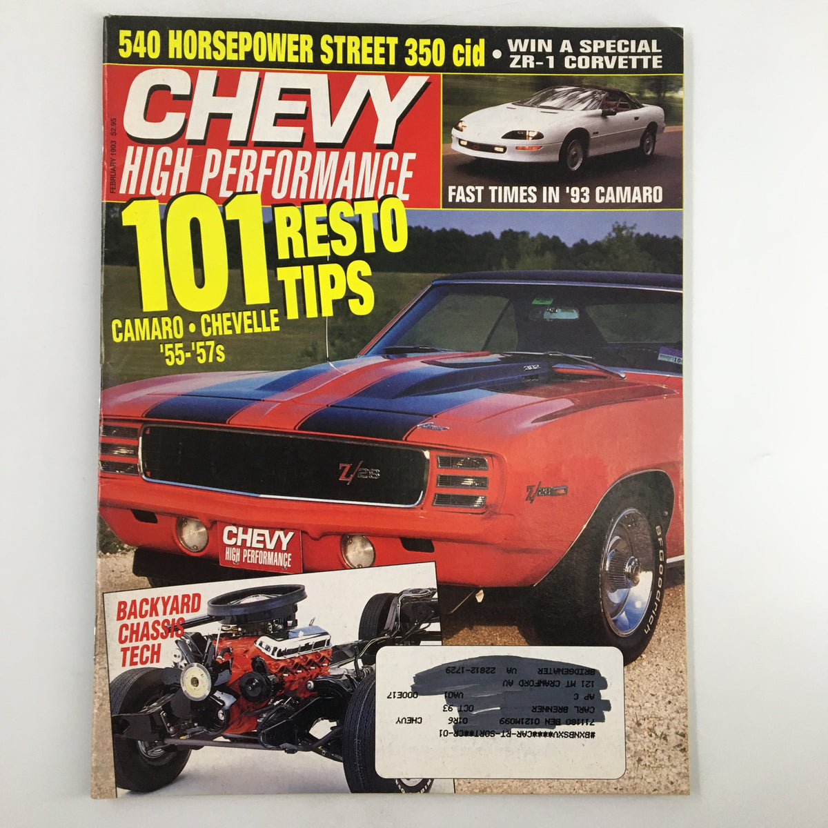 Cover of Chevy High Performance Magazine from February 1993, featuring Mike Hood's restored Z/28. The magazine showcases bright red Z/28 Camaro on the cover with the title '101 Resto Tips' emphasizing restoration techniques for classic Chevrolet models.