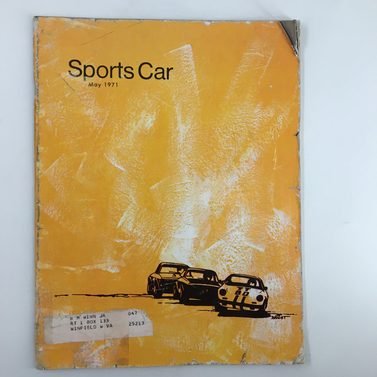 Cover of the May 1971 issue of Sports Car Magazine featuring racing cars, highlighting the title and vintage design, associated with driver Gregg Young's burning Ferrari experience.