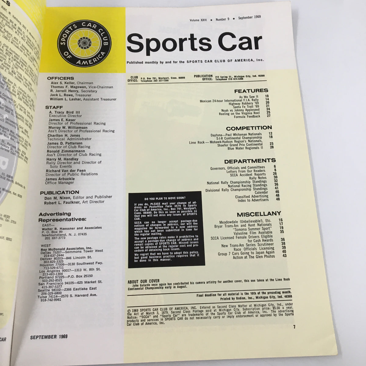 Table of contents page from VTG Sports Car Magazine September 1969 detailing various features and competitions within the publication.