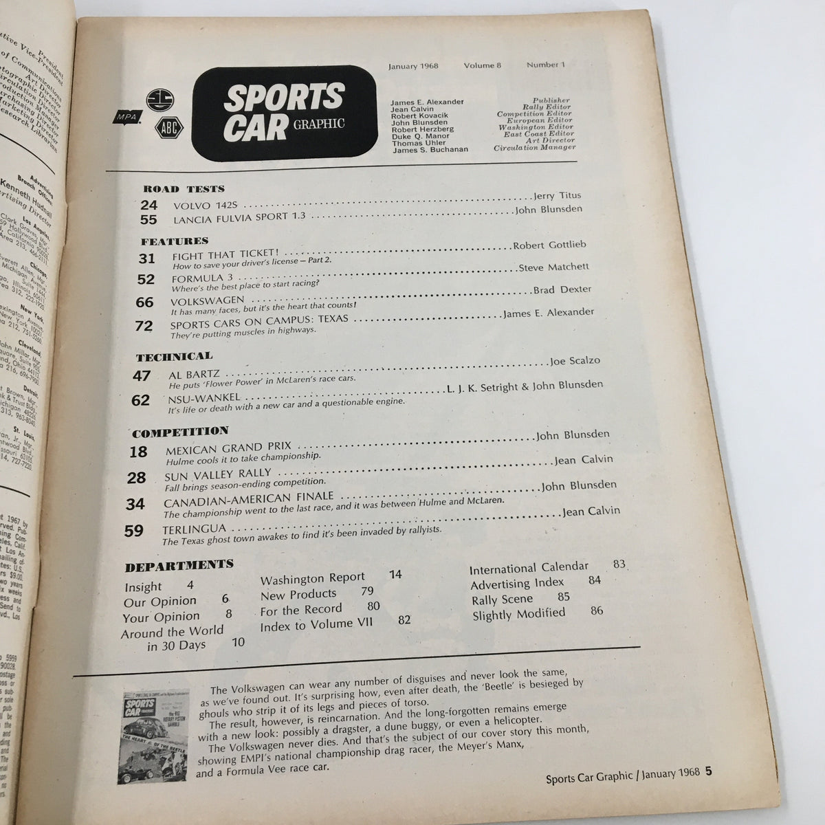 Interior page of the VTG Sports Car Magazine January 1968 showcasing the table of contents, highlighting features and articles related to classic automotive topics.