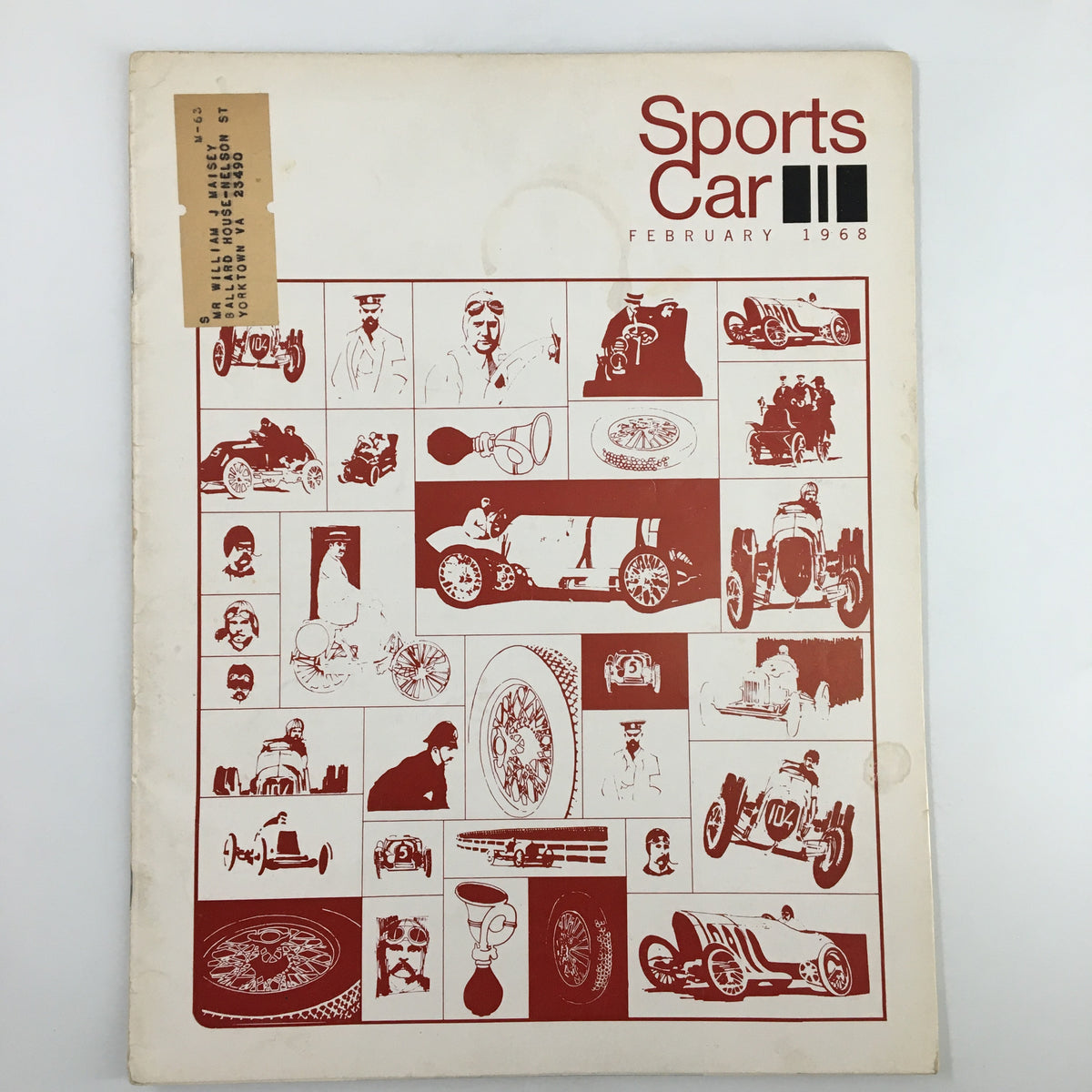 Cover of VTG Sports Car Magazine February 1968 featuring various automotive illustrations, titled 'The Short Happy Life of a Tire Maker'.