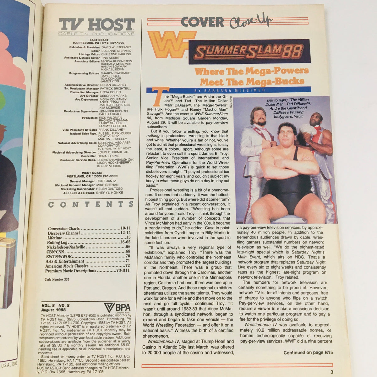 Interior page of TV Host Magazine August 1988, Volume 8, Issue 2 featuring content details. Highlights the coverage of wrestling superstars Hulk Hogan and Andre The Giant.