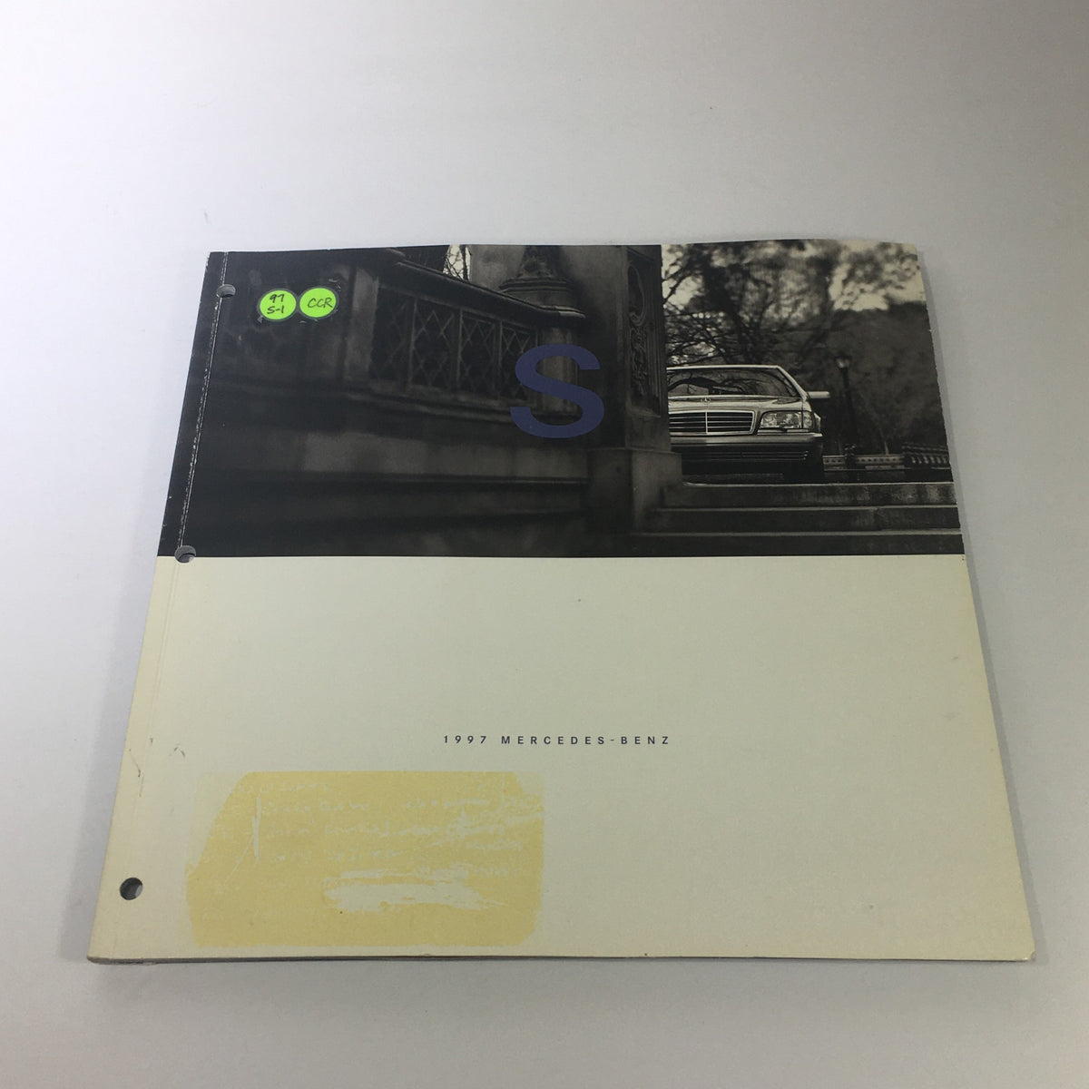 Cover of the 1997 Mercedes-Benz S-Class Dealership Car Auto Brochure Catalog showing the letter S and a car in the background.