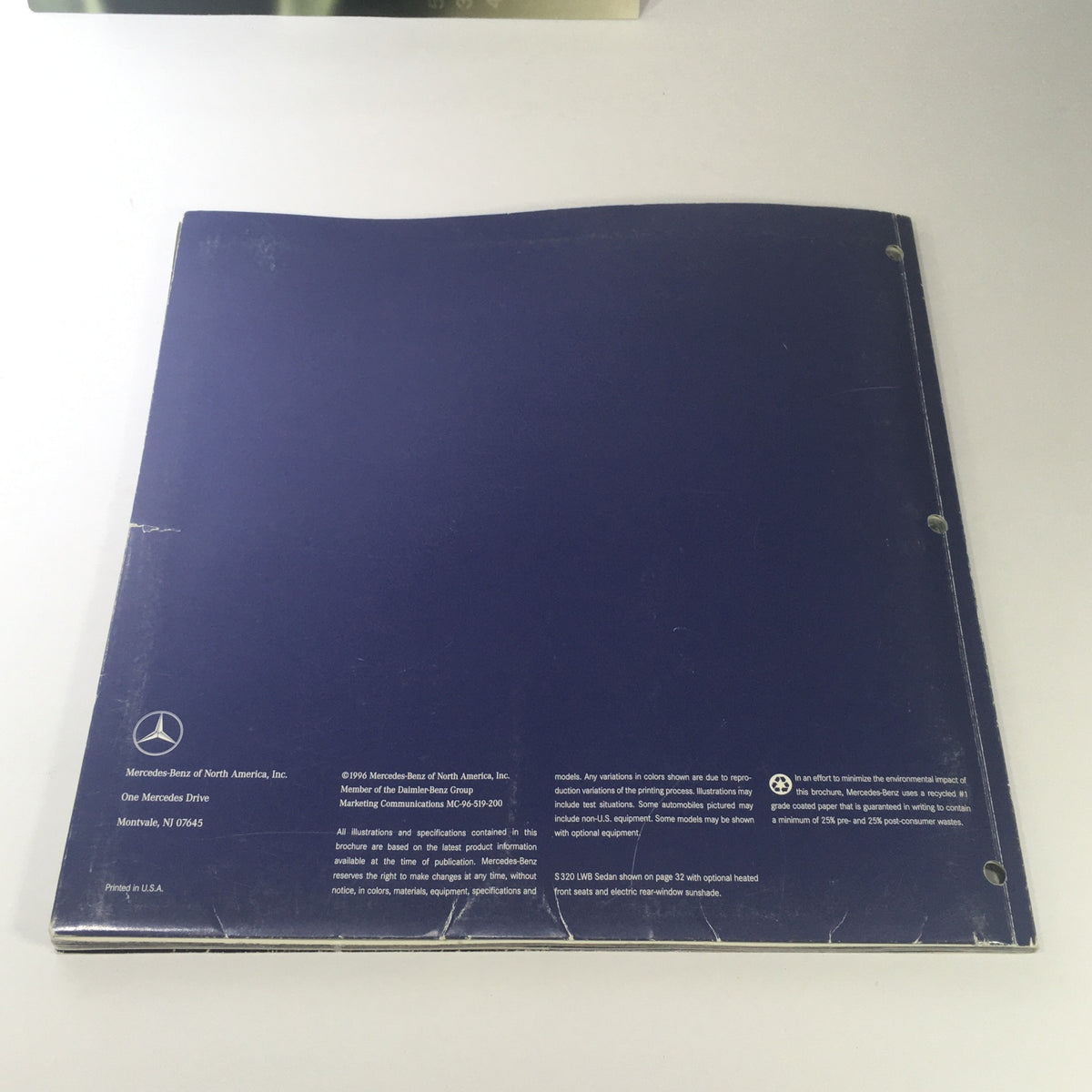 Back cover of the 1997 Mercedes-Benz S-Class Dealership Car Auto Brochure Catalog, including manufacturer details and specifications.