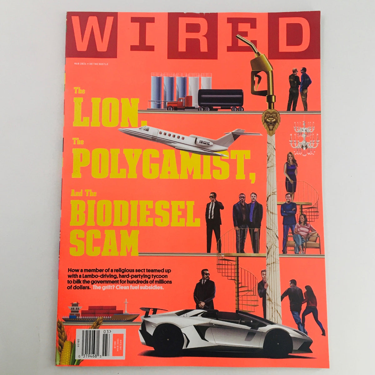 Cover of Wired Magazine March 2021 featuring articles titled 'The Lion, The Polygamists, and The Biodiesel Scam', showcasing striking visuals and themes of technology, culture, and societal trends.
