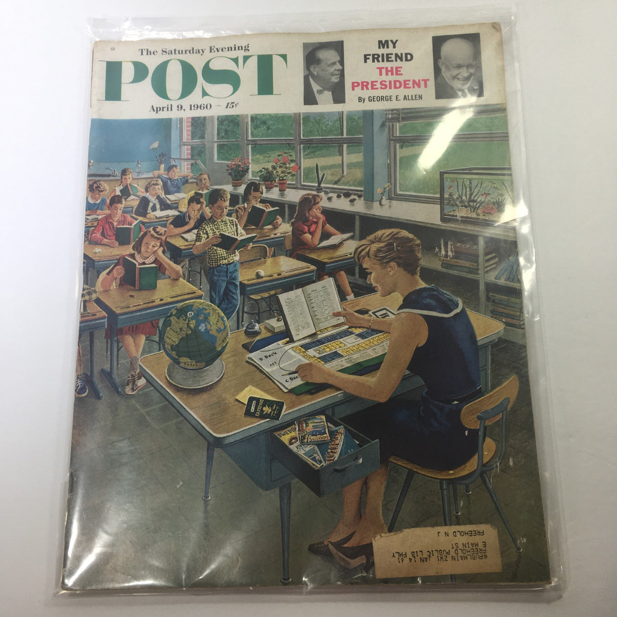 Cover of The Saturday Evening Post Magazine, April 9, 1960, titled 'My Friend, The President,' depicting a classroom scene with students reading and a teacher at a desk.