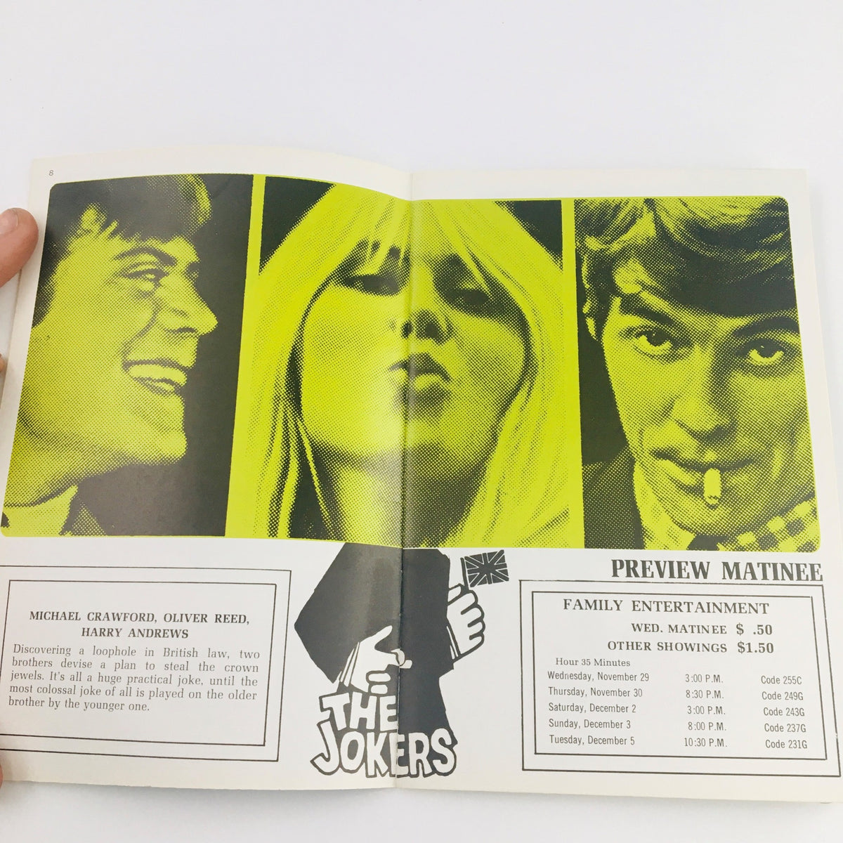 Inside view of the STV Magazine Subscription TV from November 25 to December 8, 1967, showcasing advertisements and images related to the movie 'The Jokers,' highlighting its cast and showtimes.