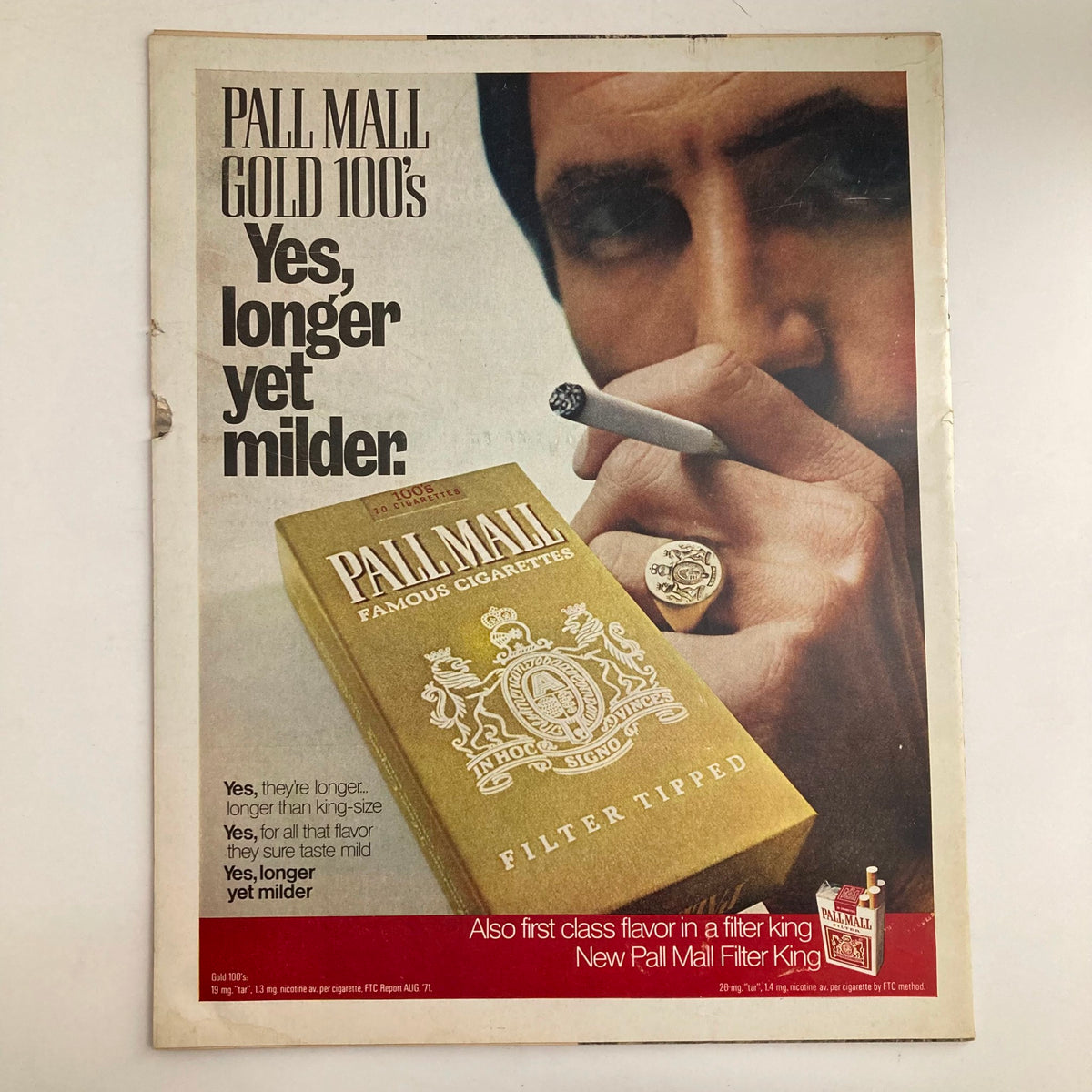 Advertisement from VTG Life Magazine March 31, 1972 for Pall Mall Gold 100's cigarettes, emphasizing their longer and milder flavor.