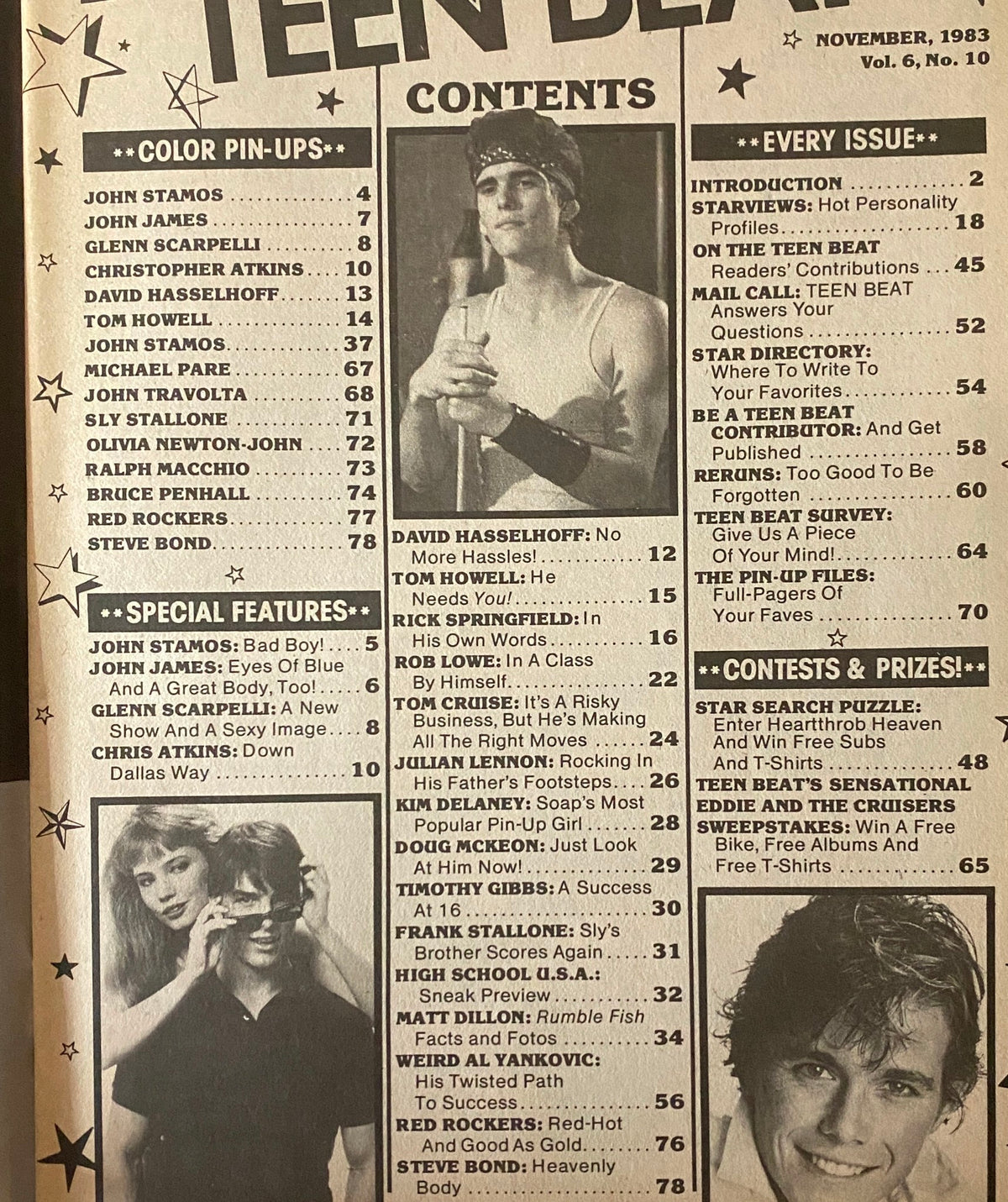 Contents page of Teen Beat Magazine November 1983, listing featured celebrities like John Stamos and David Hasselhoff, along with exciting articles and pin-ups.