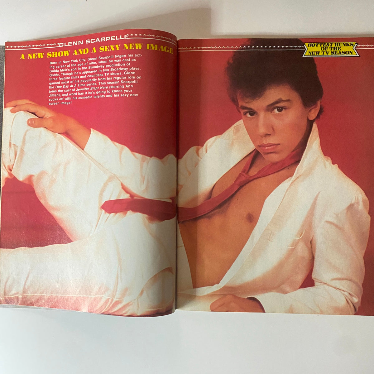 A full-page spread from Teen Beat Magazine November 1983 highlights Glenn Scarpelli, with a stylish photo and text describing his new role.
