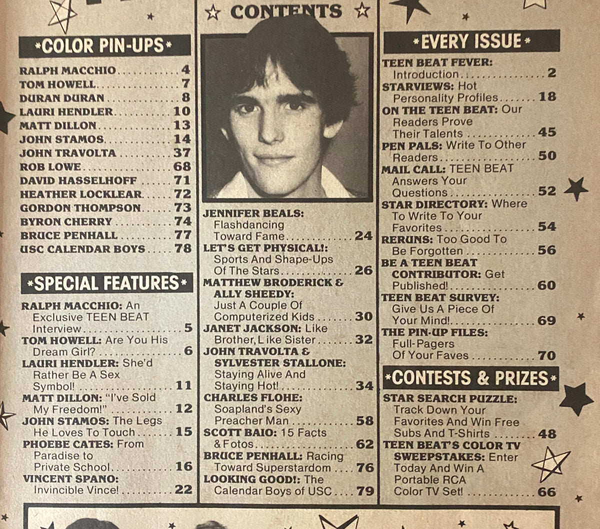 Contents page of Teen Beat Magazine September 1983 listing highlights such as featured celebrities including Ralph Macchio and Matt Dillon.