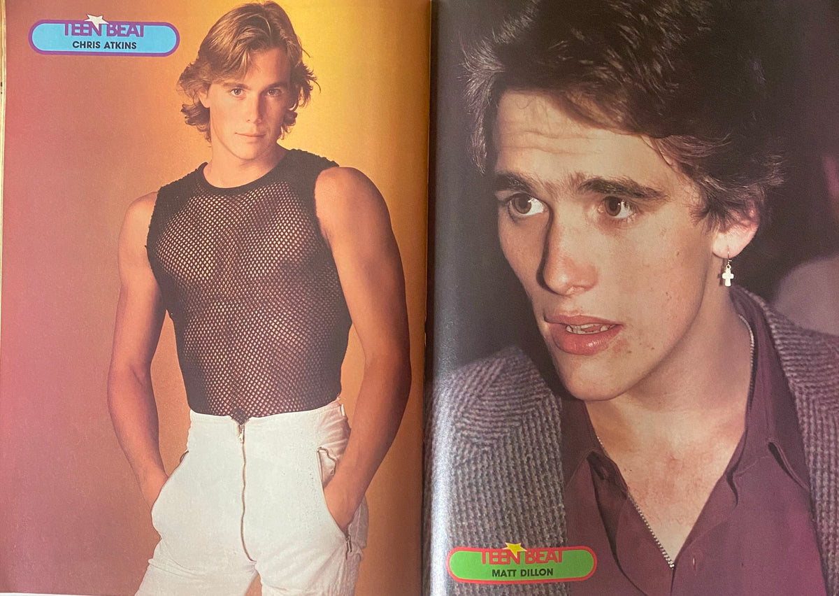 Teen Beat Magazine June 1983 featuring Chris Atkins and Matt Dillon in a split image. Chris Atkins showcases a mesh top look, while Matt Dillon's serious expression adds charm to the page. Ideal for fans of '80s pop culture.