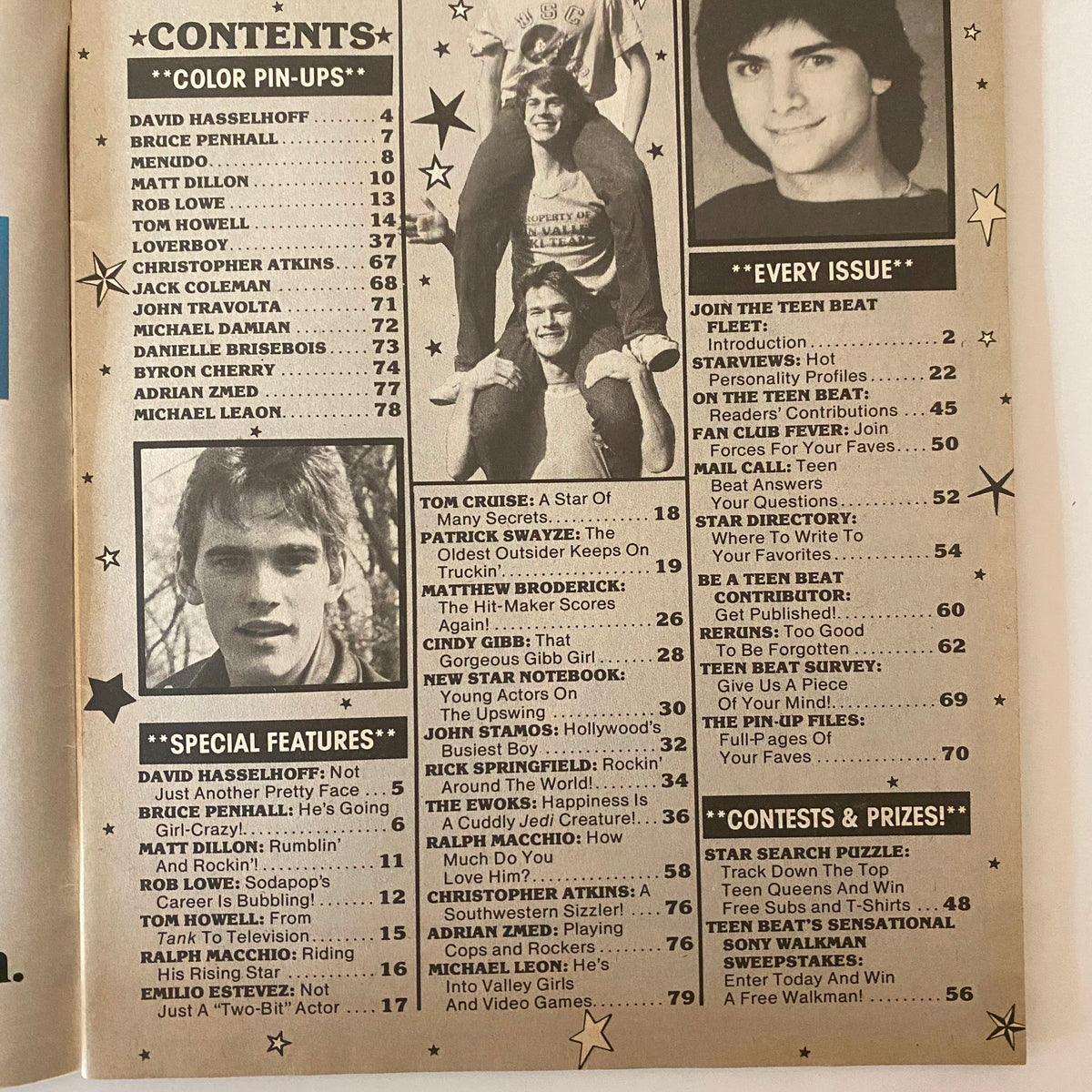 Table of contents from Teen Beat Magazine October 1983 featuring color pin-ups and special features of pop culture stars.