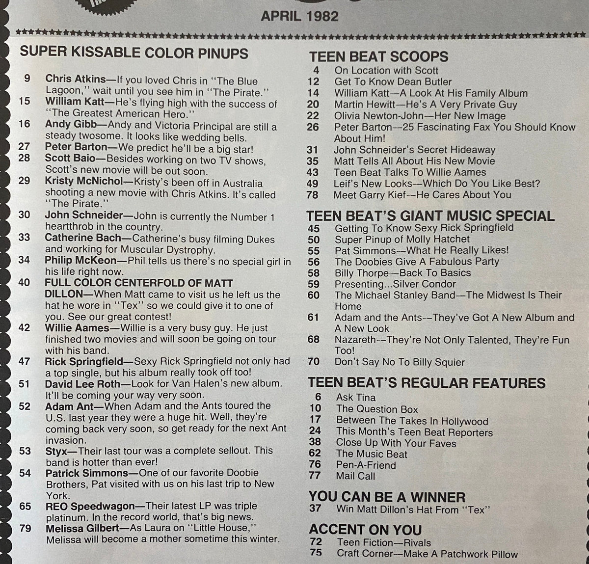 Teen Beat Magazine April 1982 contents page showcasing features like exclusive interviews and pinups, highlighting popular stars of the era.