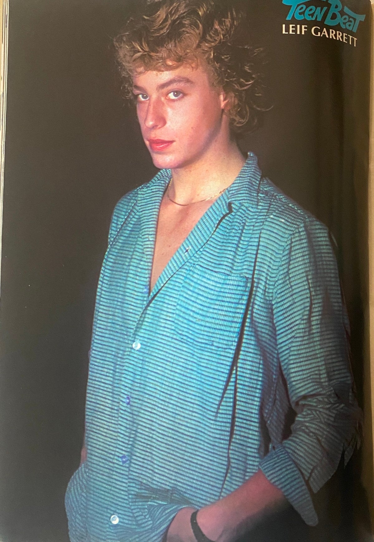 Full-page photo of Leif Garrett from Teen Beat Magazine April 1982, showcasing the teen idol's fashion and style.
