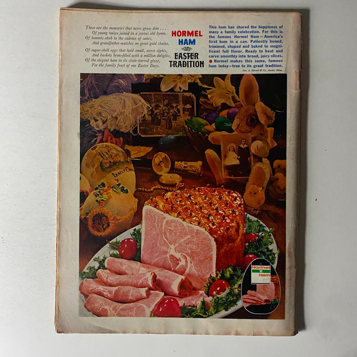 Back cover of Time Magazine from March 25, 1966, Vol 87 No. 12 displaying a colorful advertisement for Hormel Ham, emphasizing Easter traditions and delicious food arrangements.