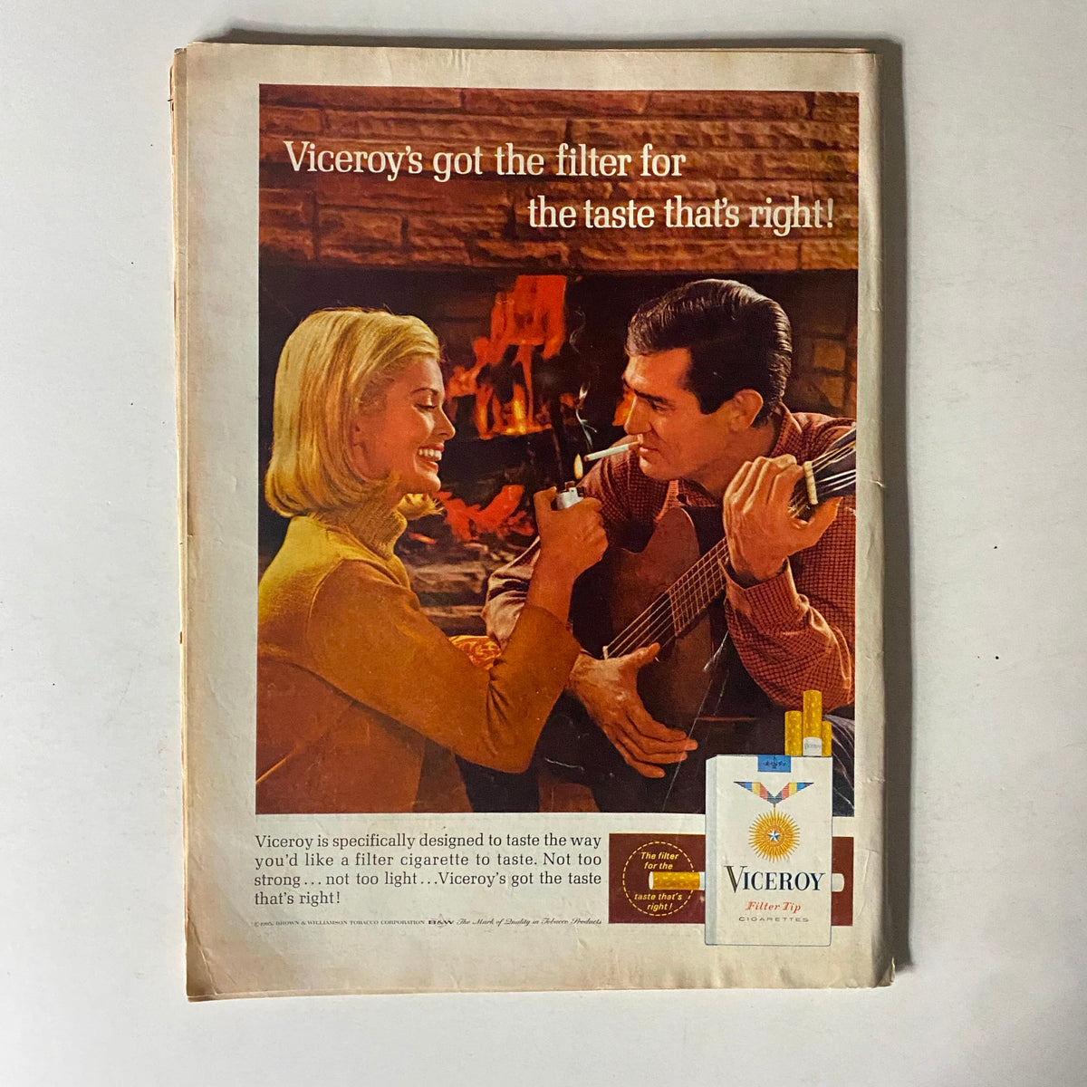 Cover of Time Magazine, October 29, 1965, Vol 86 No. 18 featuring an advertisement for Viceroy cigarettes, showcasing a couple by a fireplace, depicting a vintage lifestyle and advertising style of the 1960s.
