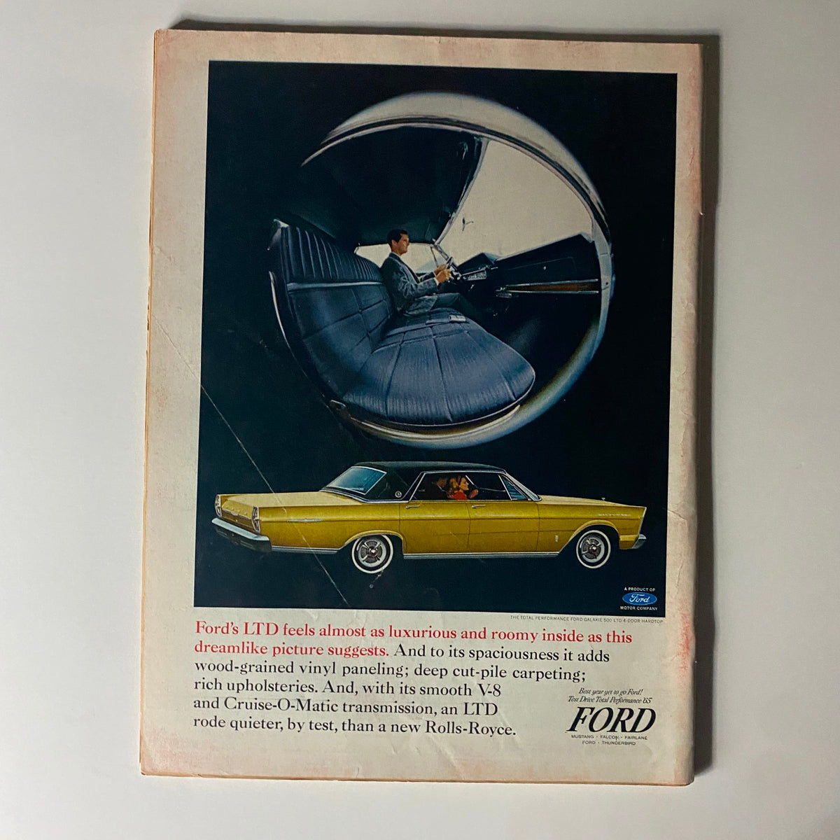 Back cover of Time Magazine from March 5, 1965, featuring a Ford advertisement. Highlights the luxurious Ford LTD car in a stylish setting.