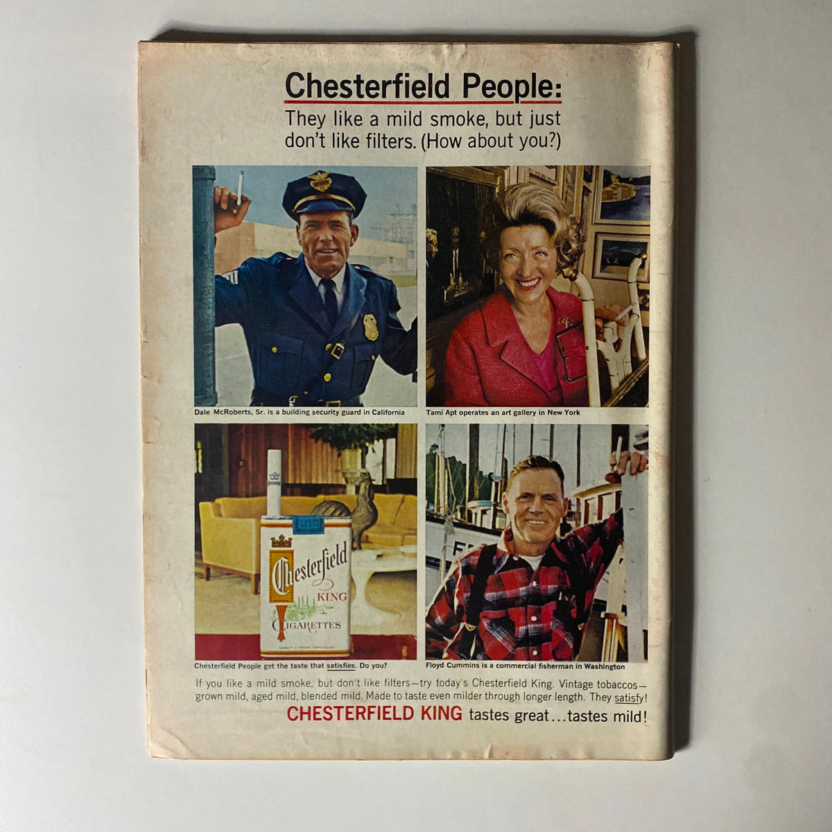 Back cover of Time Magazine December 3, 1965 Vol 86 No. 23, featuring Chesterfield cigarette advertisement with images of diverse individuals endorsing the product.