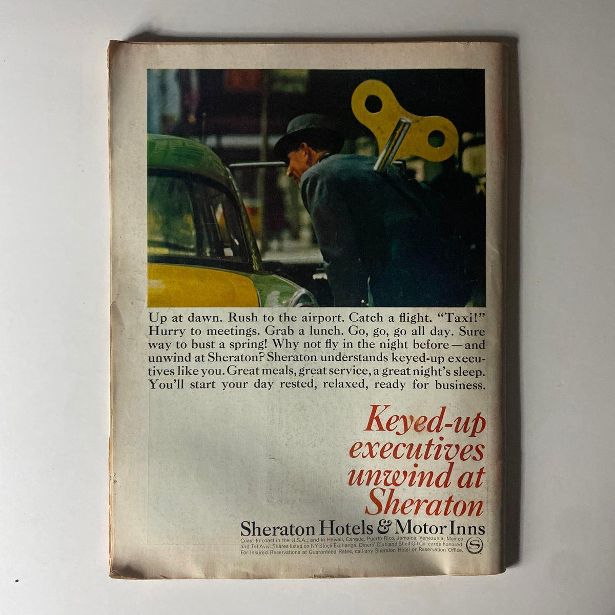 Back cover of Time Magazine October 1, 1965 featuring an advertisement for Sheraton Hotels, highlighting their services for busy executives.