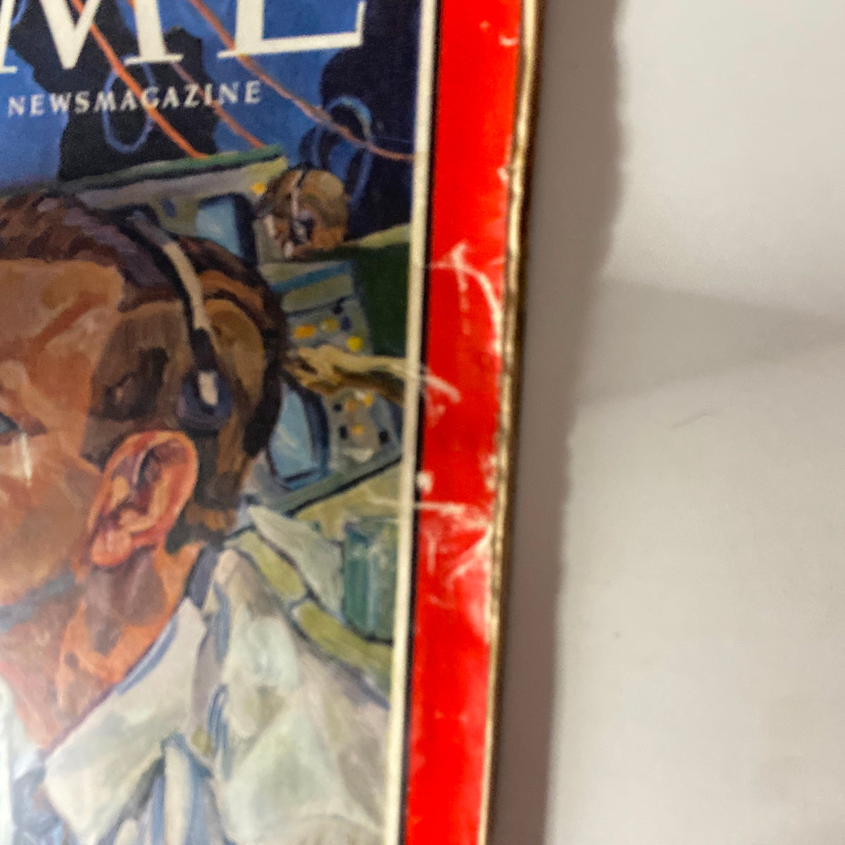 Close-up of the Time Magazine August 27, 1965 Vol 86 No. 9 cover, highlighting Flight Director Chris Kraft's portrait amidst the control room background, emphasizing his role in NASA's space exploration.