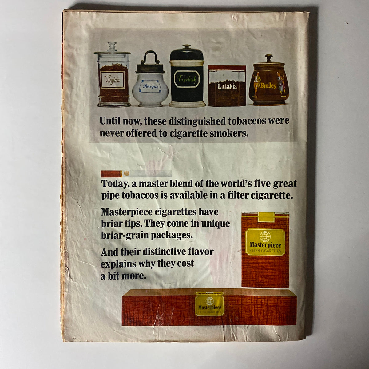 Inside advertisement from Time Magazine August 6, 1965, showcasing Masterpiece cigarettes and their unique blend of tobacco, further illustrating the cultural context of the 1960s.