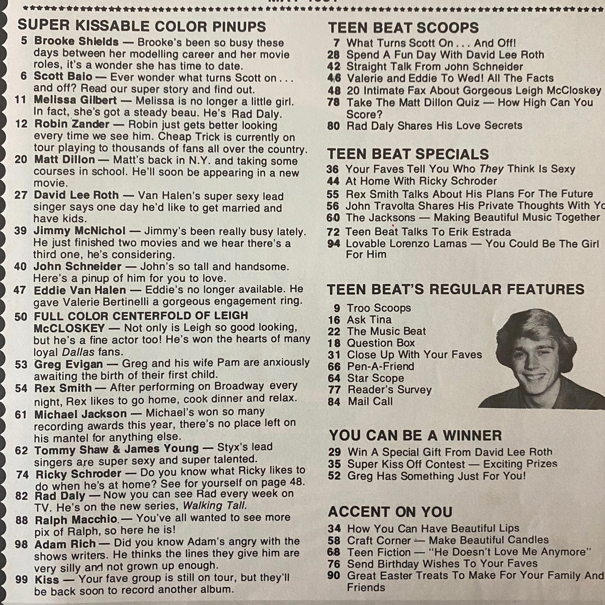 Inside page of Teen Beat Magazine May 1981 listing pinups and features including Scott Baio and David Lee Roth.