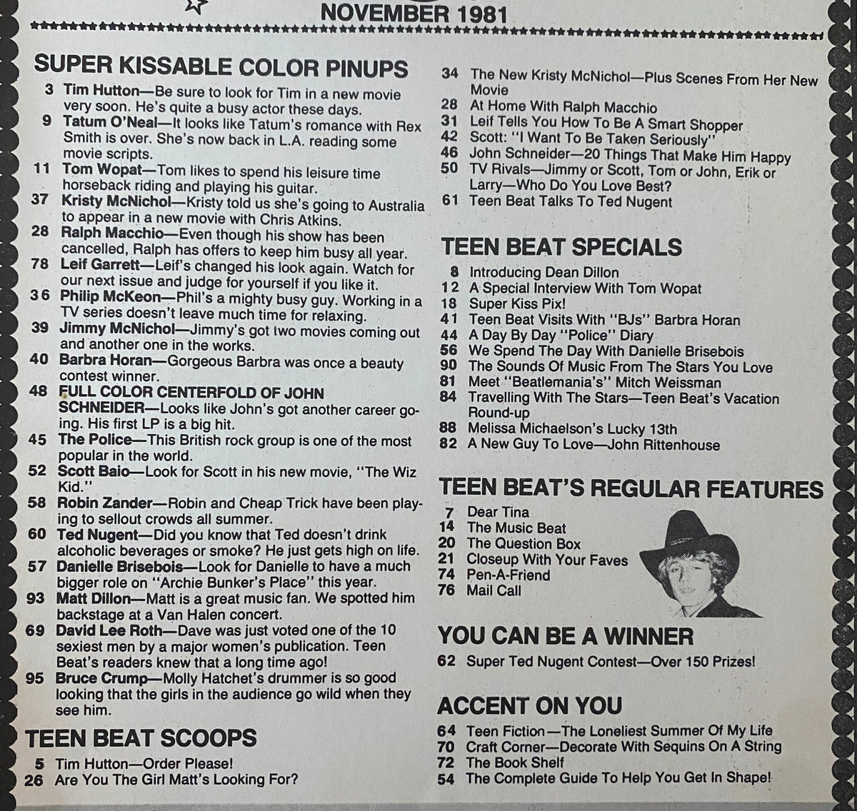 Inside page of Teen Beat Magazine November 1981 showcasing a list of articles and features including celebrity profiles, interviews, and pop culture insights, with a focus on famous figures like John Schneider.