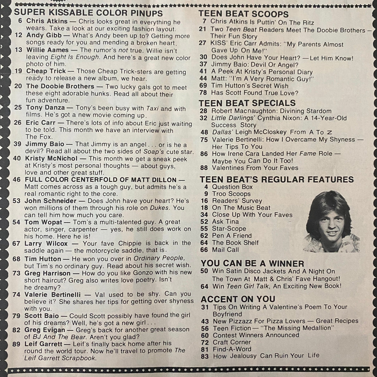 Inside page of Teen Beat Magazine March 1981, listing Super Kissable Color Pinups and Teen Beat Scoops featuring popular teen idols and articles from the era.